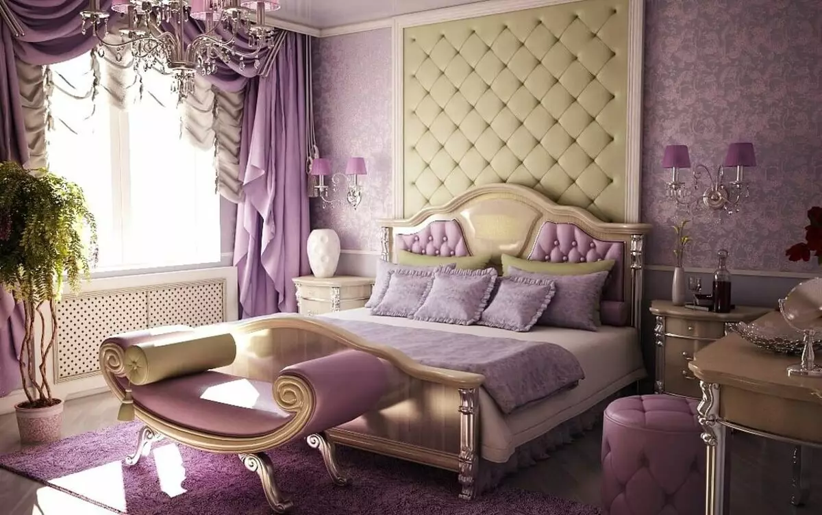 Purpura guļamistaba (93 fotogrāfijas): tapetes interjera dizainā, telpā pelēkā violetā un ceriņu, violeta baltas un tumši violeta toņi. Kādas citas krāsas ir purpura? 9854_35