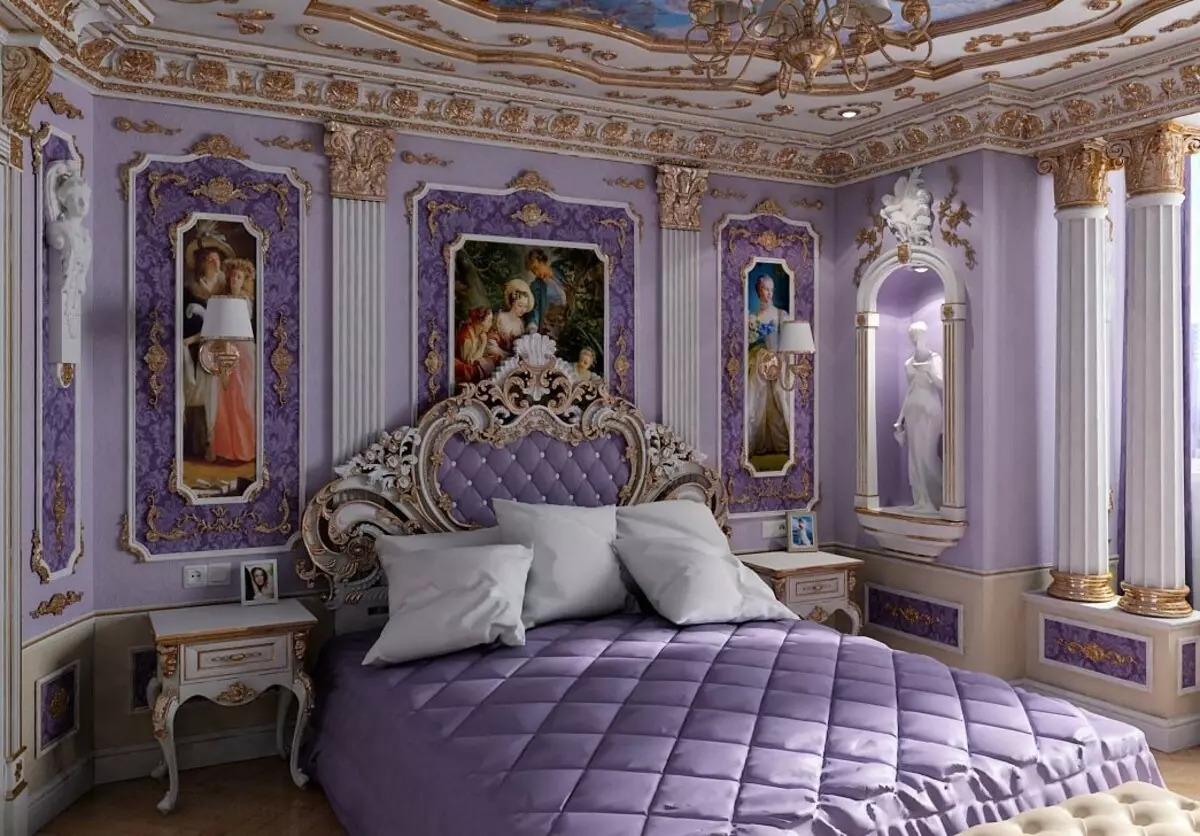 Purpura guļamistaba (93 fotogrāfijas): tapetes interjera dizainā, telpā pelēkā violetā un ceriņu, violeta baltas un tumši violeta toņi. Kādas citas krāsas ir purpura? 9854_42