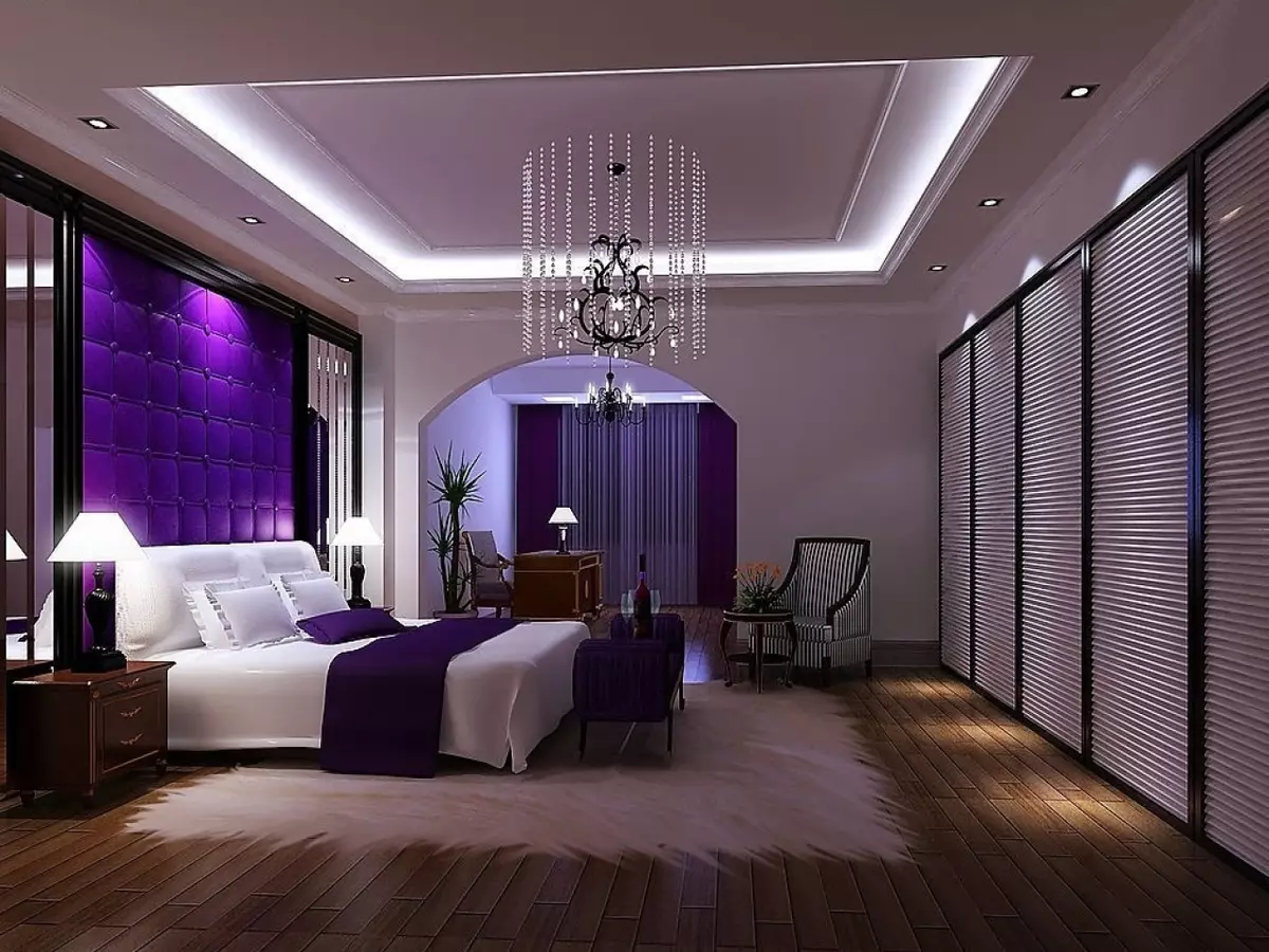 Μωβ υπνοδωμάτιο (93 φωτογραφίες): ταπετσαρίες στο εσωτερικό σχεδιασμό, δωμάτιο σε γκρι-βιολετί και λιλά, πορφυρό και σκούρο μοβ αποχρώσεις. Ποια άλλα χρώματα είναι μοβ; 9854_48