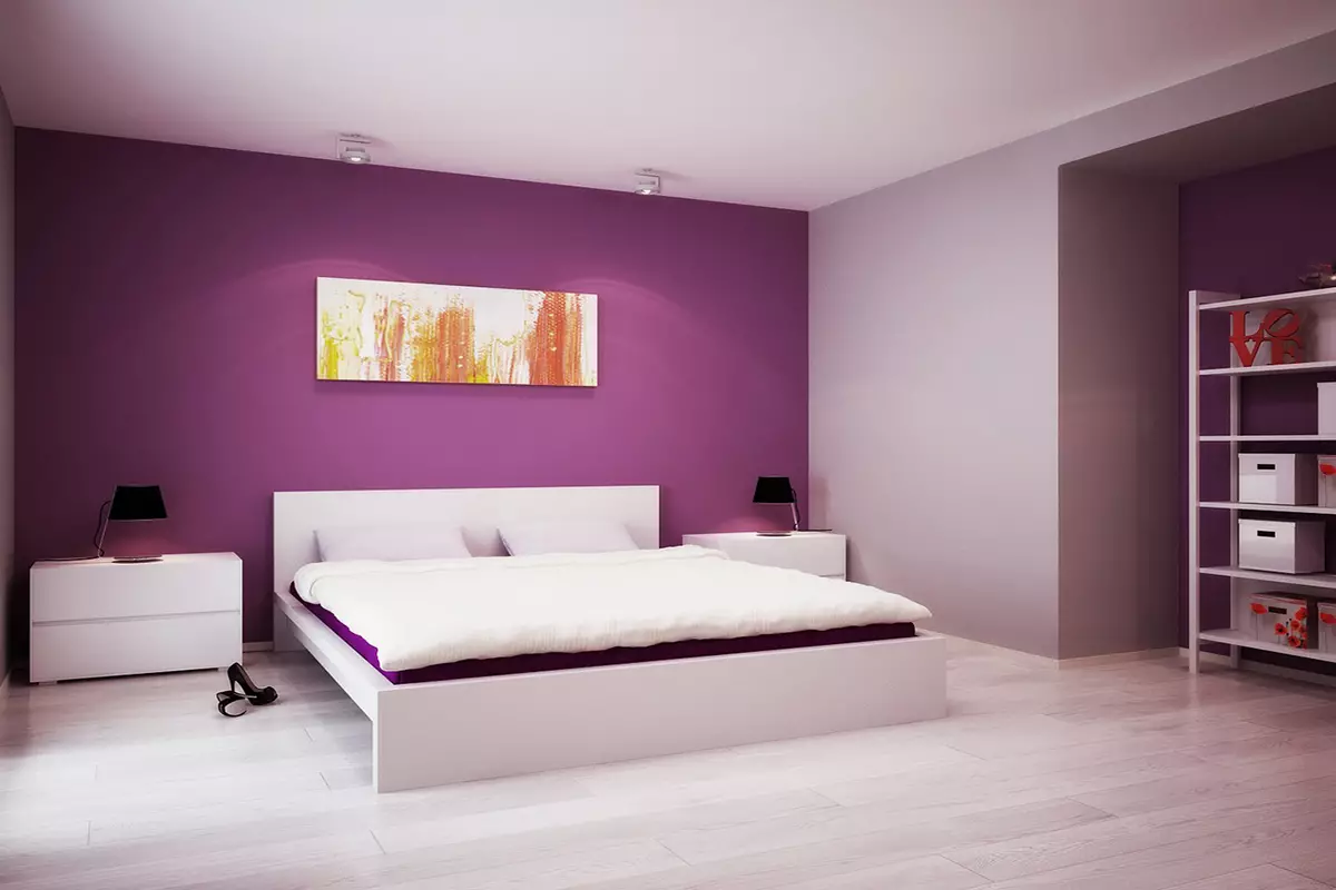 Dormitorio púrpura (93 fotos): Fondos de pantalla en el diseño interior, habitación en tonos de color gris-violeta y lila, púrpura-blanco y púrpura oscuro. ¿Qué otros colores son púrpuras? 9854_49