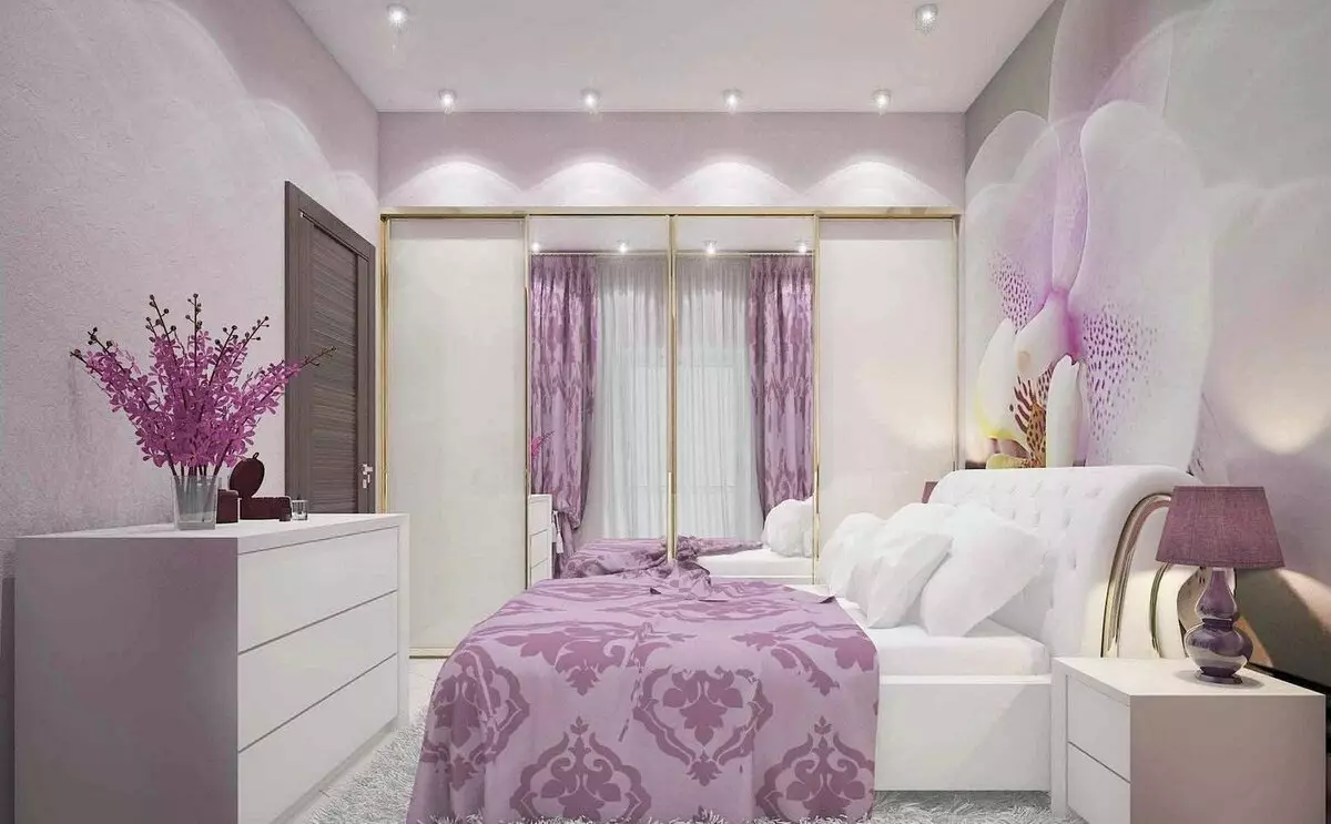 보라색 침실 (93 사진) : 인테리어 디자인, 회색 바이올렛 및 라일락의 방, 보라색 흰색 및 어두운 보라색 톤의 바탕 화면. 어떤 다른 색깔이 자주색입니까? 9854_5