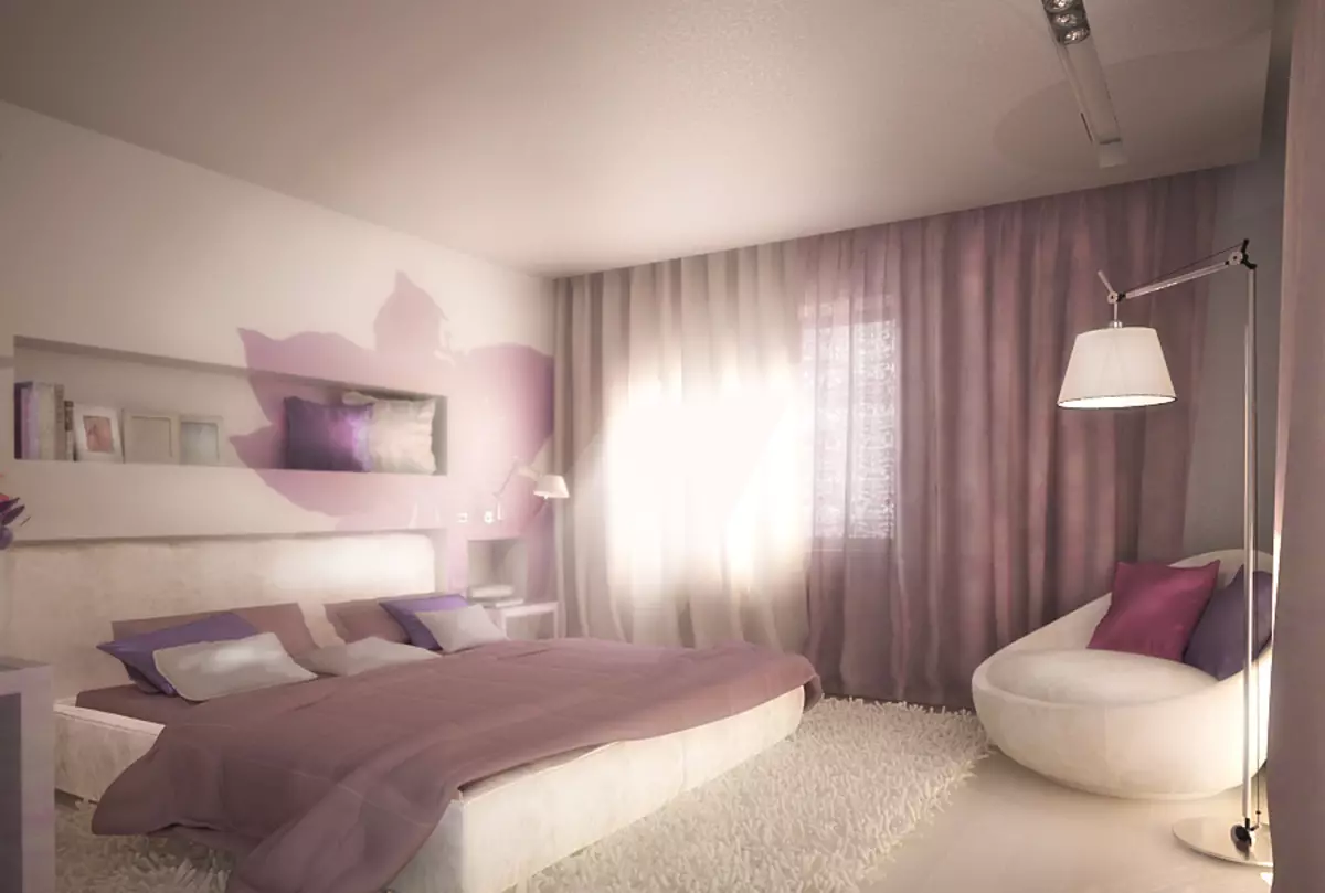 Purpura guļamistaba (93 fotogrāfijas): tapetes interjera dizainā, telpā pelēkā violetā un ceriņu, violeta baltas un tumši violeta toņi. Kādas citas krāsas ir purpura? 9854_50