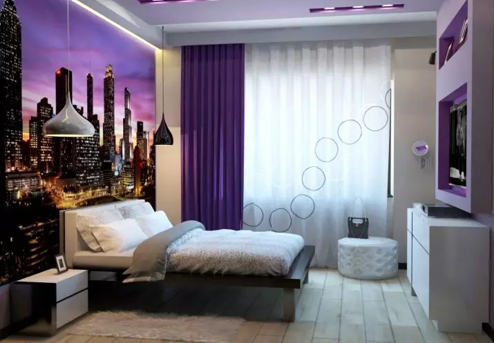보라색 침실 (93 사진) : 인테리어 디자인, 회색 바이올렛 및 라일락의 방, 보라색 흰색 및 어두운 보라색 톤의 바탕 화면. 어떤 다른 색깔이 자주색입니까? 9854_54