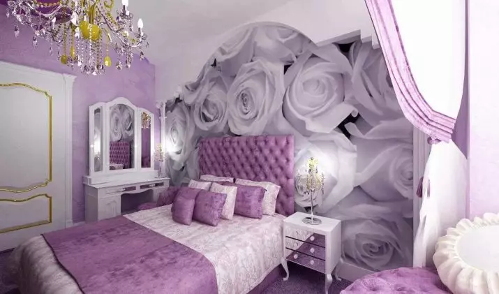 보라색 침실 (93 사진) : 인테리어 디자인, 회색 바이올렛 및 라일락의 방, 보라색 흰색 및 어두운 보라색 톤의 바탕 화면. 어떤 다른 색깔이 자주색입니까? 9854_56
