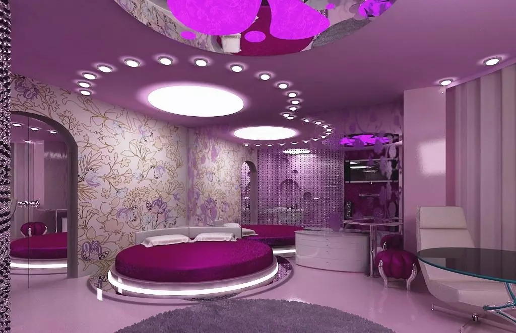 Violetinis miegamasis (93 nuotraukos): fono paveikslėliai interjero dizainas, kambarys pilka-violetinė ir alyva, violetinė balta ir tamsiai violetiniai tonai. Kokios kitos spalvos yra violetinės? 9854_67