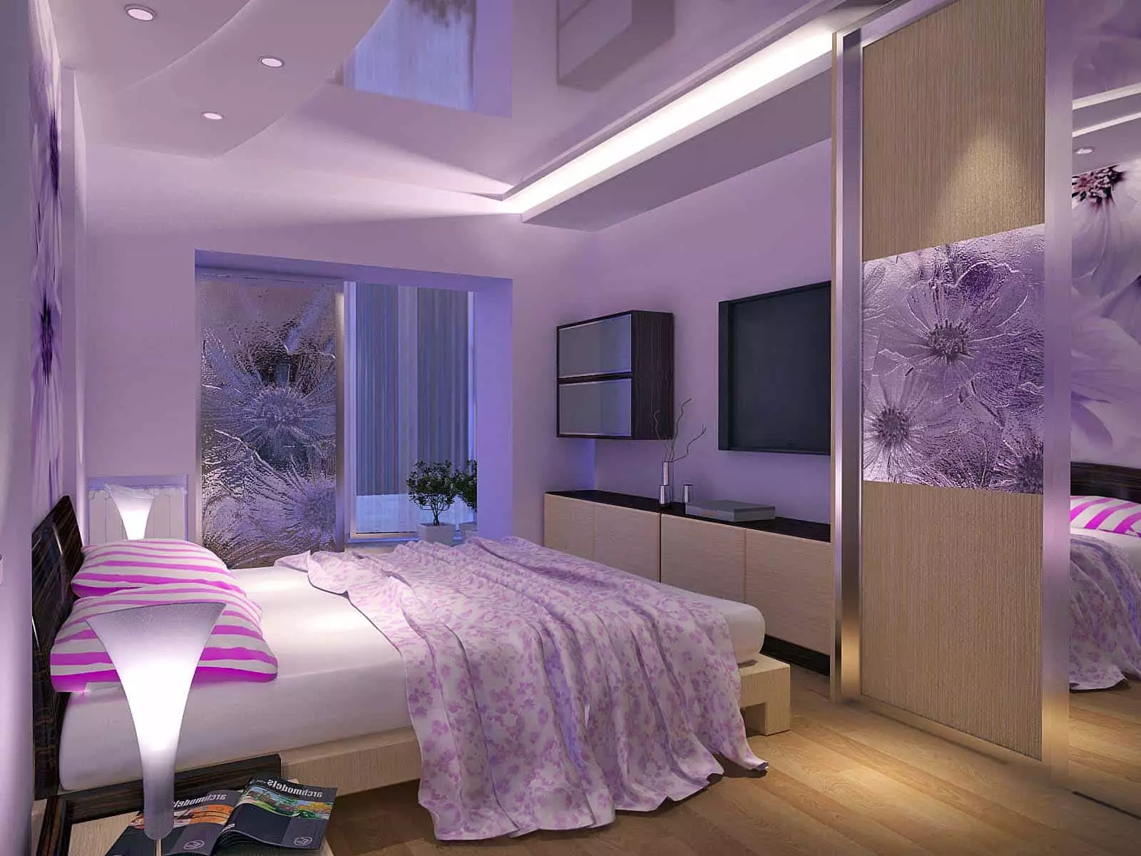 Violetinis miegamasis (93 nuotraukos): fono paveikslėliai interjero dizainas, kambarys pilka-violetinė ir alyva, violetinė balta ir tamsiai violetiniai tonai. Kokios kitos spalvos yra violetinės? 9854_68