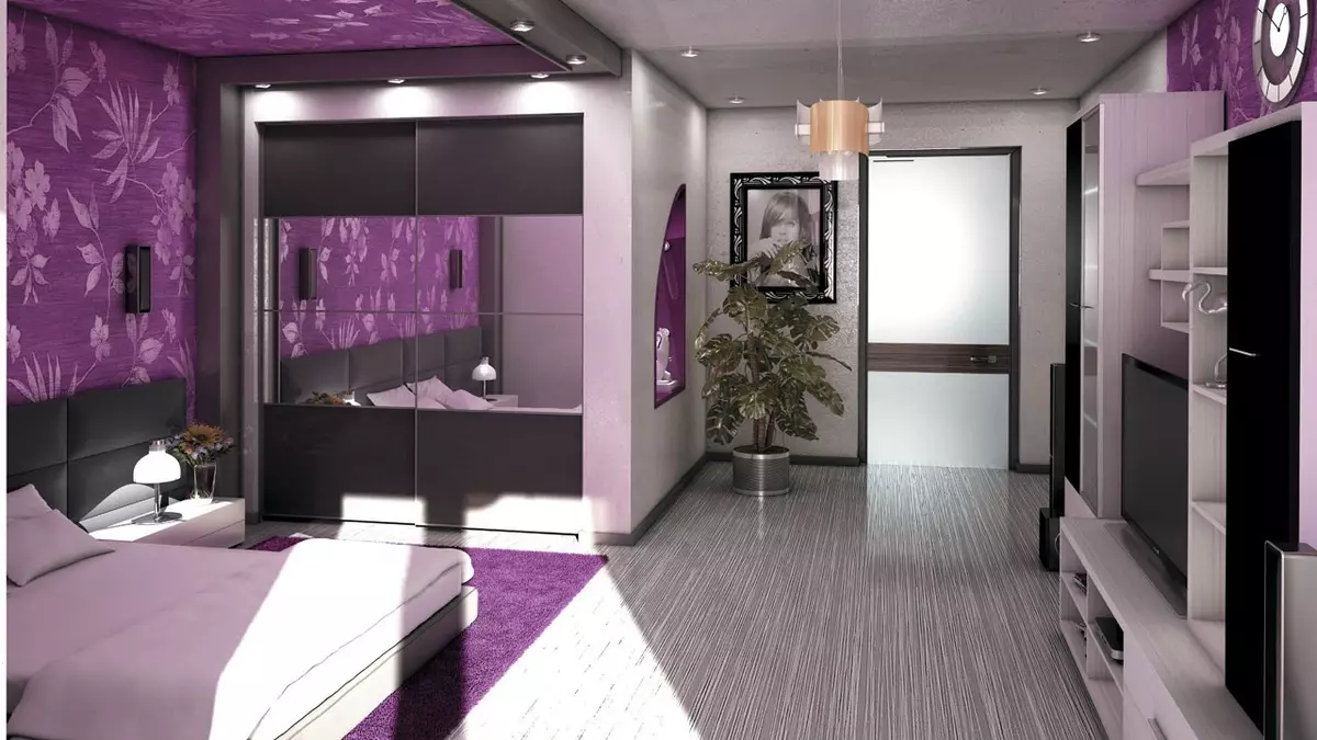 Purpura guļamistaba (93 fotogrāfijas): tapetes interjera dizainā, telpā pelēkā violetā un ceriņu, violeta baltas un tumši violeta toņi. Kādas citas krāsas ir purpura? 9854_76