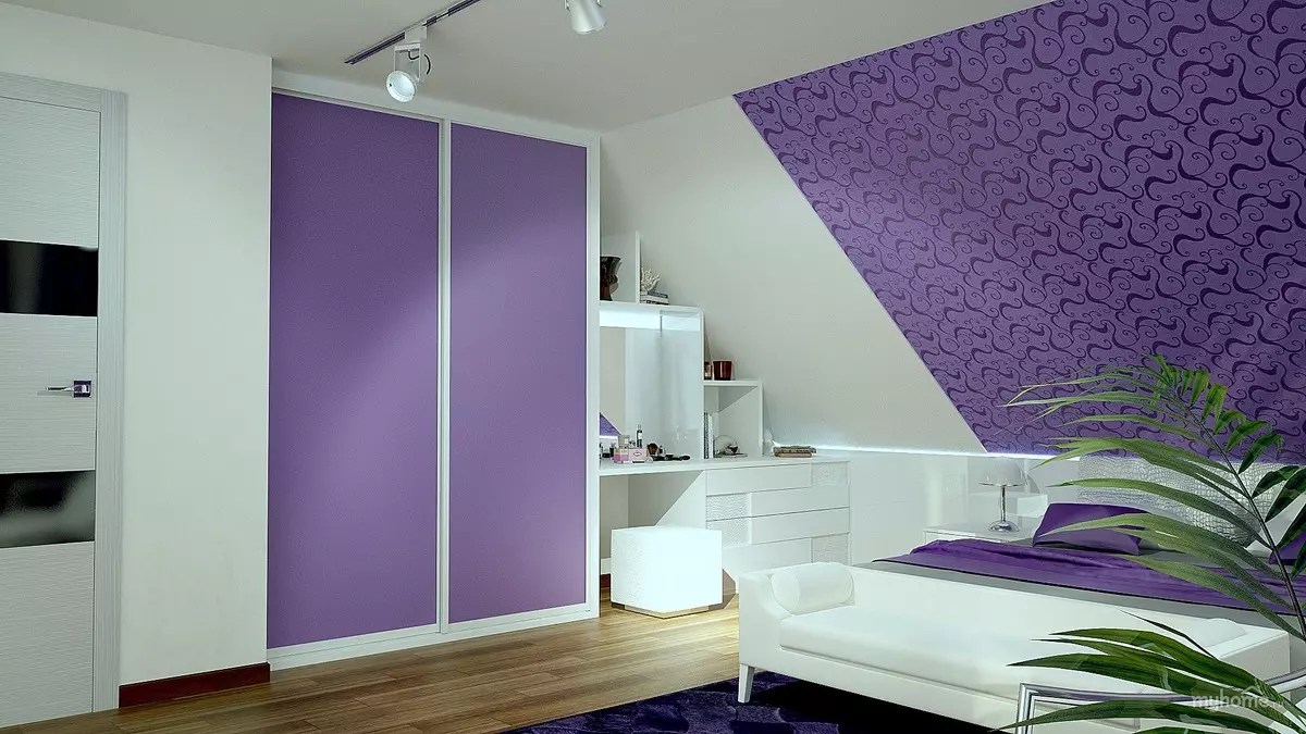 보라색 침실 (93 사진) : 인테리어 디자인, 회색 바이올렛 및 라일락의 방, 보라색 흰색 및 어두운 보라색 톤의 바탕 화면. 어떤 다른 색깔이 자주색입니까? 9854_77