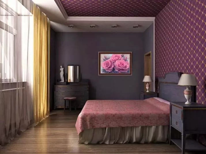 Purple nga kwarto (93 Mga Litrato): Mga wallpaper sa disenyo sa interior, kwarto sa grey-violet ug lilac, purple-puti ug itom nga tono nga purpura. Unsa ang ubang mga kolor nga purpura? 9854_83