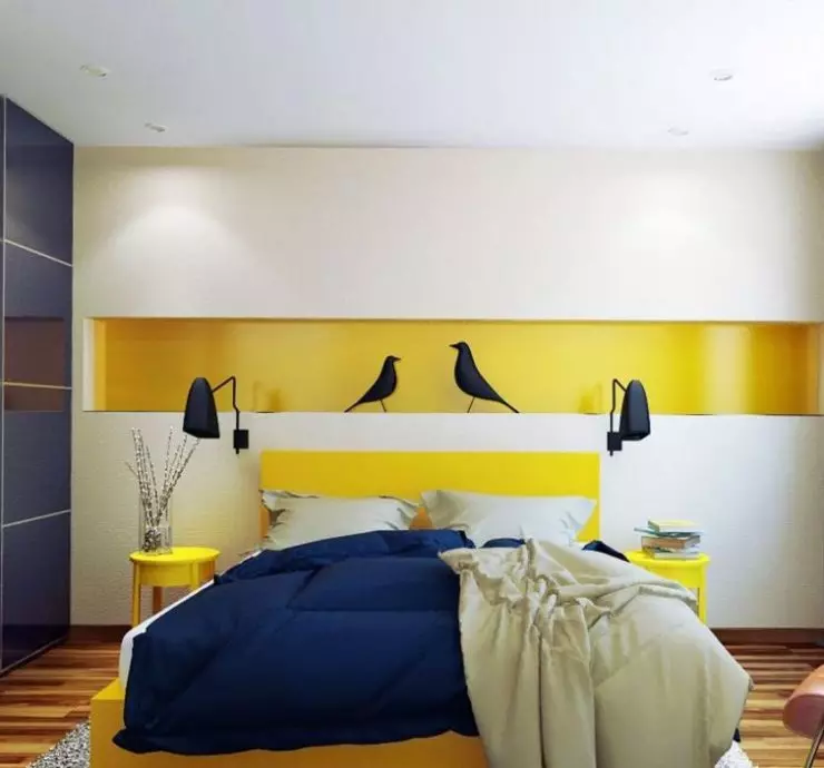 Dormitor galben (65 de fotografii): perdele pentru interior în culori galbene, design de tapet galben gri pentru pereți, selecție de candelabre elegante pentru tavan și alte nuanțe 9859_38