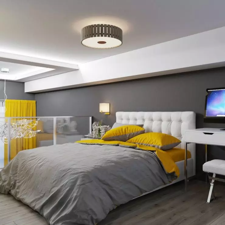 Gele slaapkamer (65 foto's): gordijnen voor het interieur in gele kleuren, ontwerp van grijs-geel behang voor muren, selectie van stijlvolle kroonluchters voor plafond en andere nuances 9859_39
