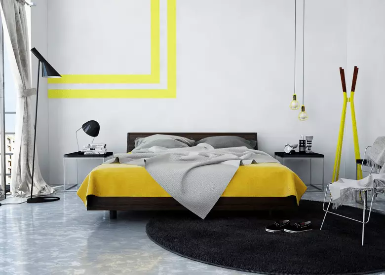 Keltainen makuuhuone (65 kuvaa): verhot sisätilojen keltaisille väreille, gray-keltainen taustakuva seinille, tyylikkäiden kattokruunujen valikoima kattoon ja muihin vivahteisiin 9859_62
