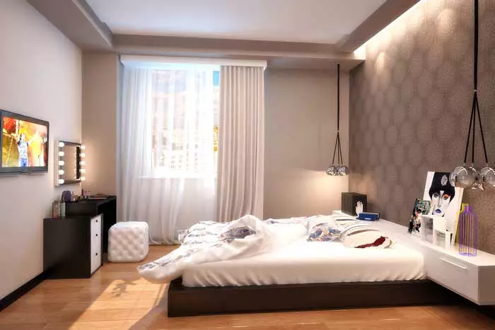 Fons de pantalla combinat al dormitori (79 fotos): característiques de combinació a l'interior del fons de pantalla de dos tipus, exemples de disseny d'habitacions amb fons de pantalla-companys 9860_16