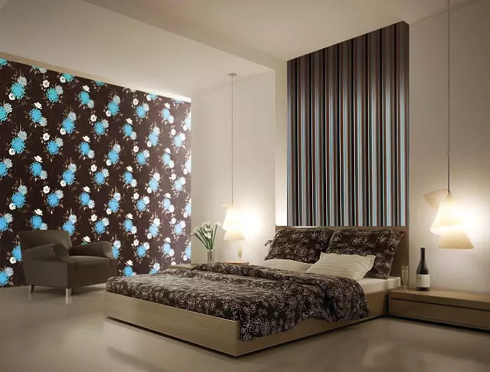 Hình nền kết hợp trong phòng ngủ (79 ảnh): Các tính năng kết hợp trong nội thất của hình nền hai loại, ví dụ về thiết kế phòng với những người bạn đồng hành 9860_26