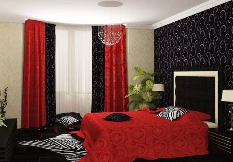 블랙 침실 (80 장의 사진) : 검은 색의 세트 및 배경 화면, 인테리어 디자인의 커튼, 빨간색과 금색의 조합, 검은 색 스트레치 천장 및 벽 9864_12