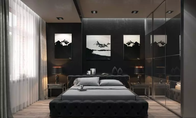 Black spavaća soba (80 slike): set i pozadine u crnu boju, zavjese u dizajn interijera, zajedno sa crvene i zlatne boje, crna protežu strop i zid 9864_19