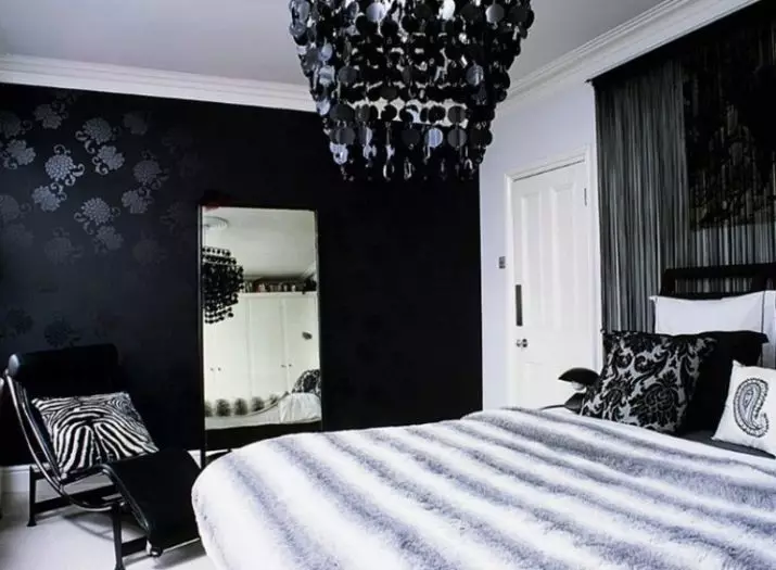 Black Spavaća soba (80 fotografija): Postavite i pozadine u crnim bojama, zavjese u dizajnu interijera, kombinacija s crvenim i zlatnim bojama, crni strop i zid 9864_21