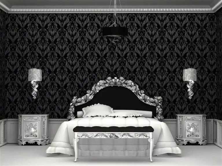 Black Bedroom (80 mafoto): Set uye Wallpapers mumavara matema, maketeni ari mumukati mesangano, musanganiswa une matsvuku uye goridhe mavara, mutema wedanda nemadziro 9864_33