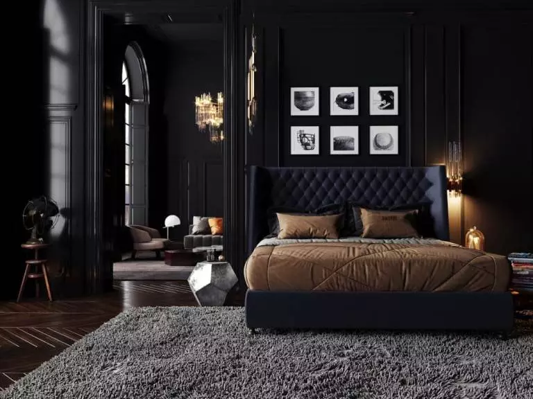 Црна спаваћа соба (80 фотографија): сет и позадина у црним бојама, завесама у дизајну ентеријера, комбинација са црвеним и златним бојама, црним растезаним плафоном и зидом 9864_4