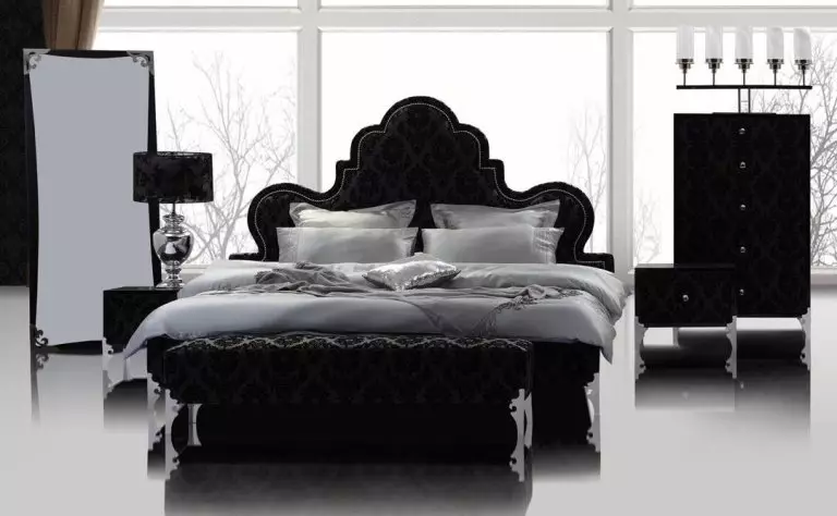 Dhoma gjumi e zezë (80 foto): Set dhe Wallpapers në ngjyra të zeza, perde në dizajn të brendshëm, kombinim me ngjyra të kuqe dhe ari, tavan të zi shtrirë dhe mur 9864_40