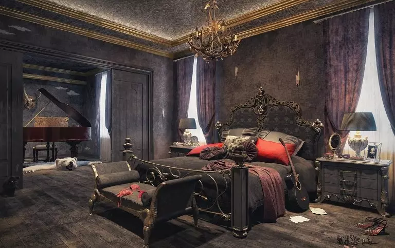 غرفة نوم الأسود (80 صور): مجموعة وخلفيات بألوان الأسود والستائر في التصميم الداخلي، بالاشتراك مع الألوان الحمراء والذهبية، سقف سوداء تمتد والجدار 9864_41