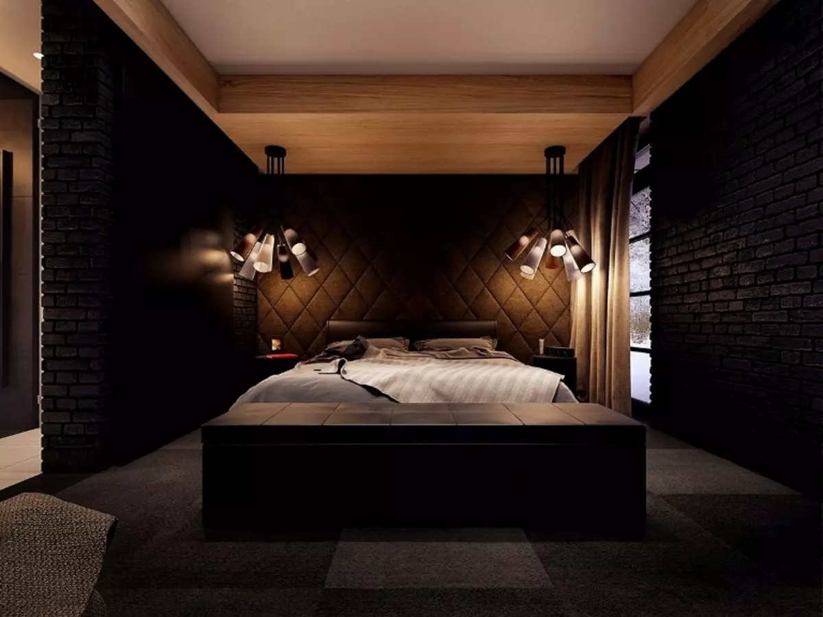 Siyah Yatak Odası (80 Fotoğraf): Siyah renklerde set ve duvar kağıtları, iç tasarımda perdeler, kırmızı ve altın renklerle kombinasyon, siyah streç tavan ve duvar 9864_44