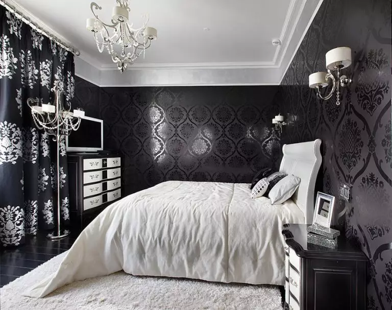 Musta makuuhuone (80 kuvaa): Set ja taustakuvat musta värejä, verhot sisätiloissa, yhdistelmä punaisilla ja kultaisilla väreillä, musta venytys katto ja seinä 9864_55