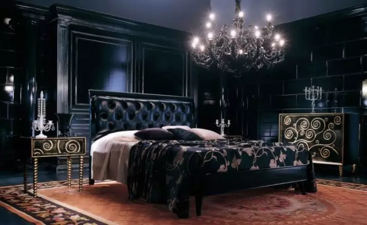 黑色卧室（80张照片）：黑色的套房和壁纸，室内设计的窗帘，与红色和金色的组合，黑色弹力天花板和墙 9864_56