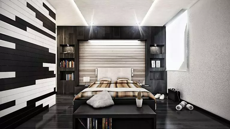 Dhoma gjumi e zezë (80 foto): Set dhe Wallpapers në ngjyra të zeza, perde në dizajn të brendshëm, kombinim me ngjyra të kuqe dhe ari, tavan të zi shtrirë dhe mur 9864_60