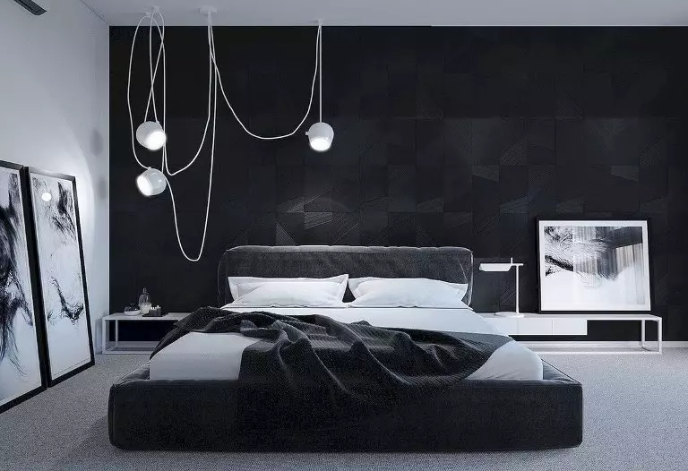 Dhoma gjumi e zezë (80 foto): Set dhe Wallpapers në ngjyra të zeza, perde në dizajn të brendshëm, kombinim me ngjyra të kuqe dhe ari, tavan të zi shtrirë dhe mur 9864_62