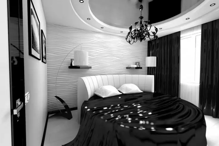 Dormitori negre (80 fotos): conjunt i fons de pantalla en colors negres, cortines en disseny d'interiors, combinació amb colors vermell i or, sostre estirat negre i paret 9864_64