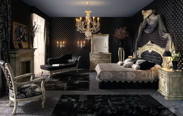 Black bedroom (80 foto): Set dan wallpaper dalam warna hitam, tirai dalam desain interior, kombinasi dengan warna merah dan emas, langit-langit peregangan hitam dan dinding 9864_69