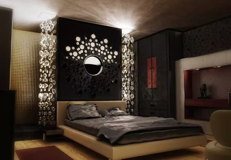 غرفة نوم الأسود (80 صور): مجموعة وخلفيات بألوان الأسود والستائر في التصميم الداخلي، بالاشتراك مع الألوان الحمراء والذهبية، سقف سوداء تمتد والجدار 9864_72