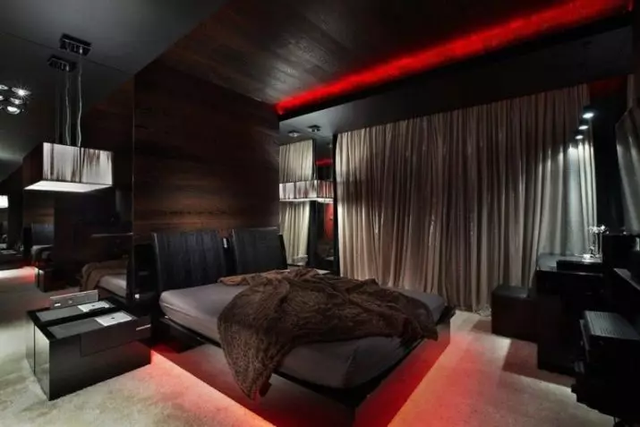 Црна спаваћа соба (80 фотографија): сет и позадина у црним бојама, завесама у дизајну ентеријера, комбинација са црвеним и златним бојама, црним растезаним плафоном и зидом 9864_75