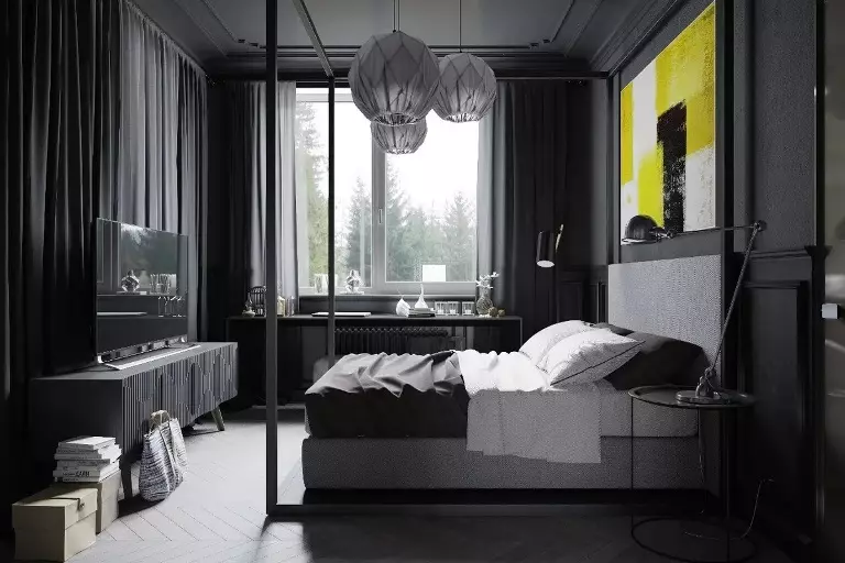 Dormitori negre (80 fotos): conjunt i fons de pantalla en colors negres, cortines en disseny d'interiors, combinació amb colors vermell i or, sostre estirat negre i paret 9864_77