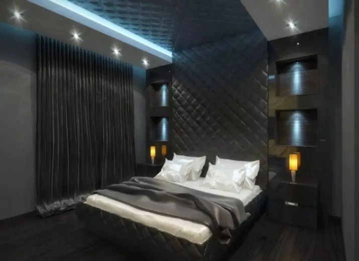 Dhoma gjumi e zezë (80 foto): Set dhe Wallpapers në ngjyra të zeza, perde në dizajn të brendshëm, kombinim me ngjyra të kuqe dhe ari, tavan të zi shtrirë dhe mur 9864_8