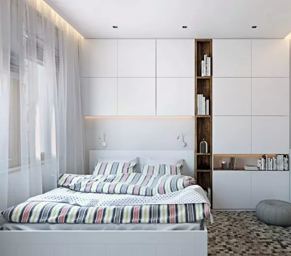 臥室設計13平方米。 M（75張照片）：臥室客廳的內部，現代風格，帶梳妝台的飾車室和陽台 9874_14