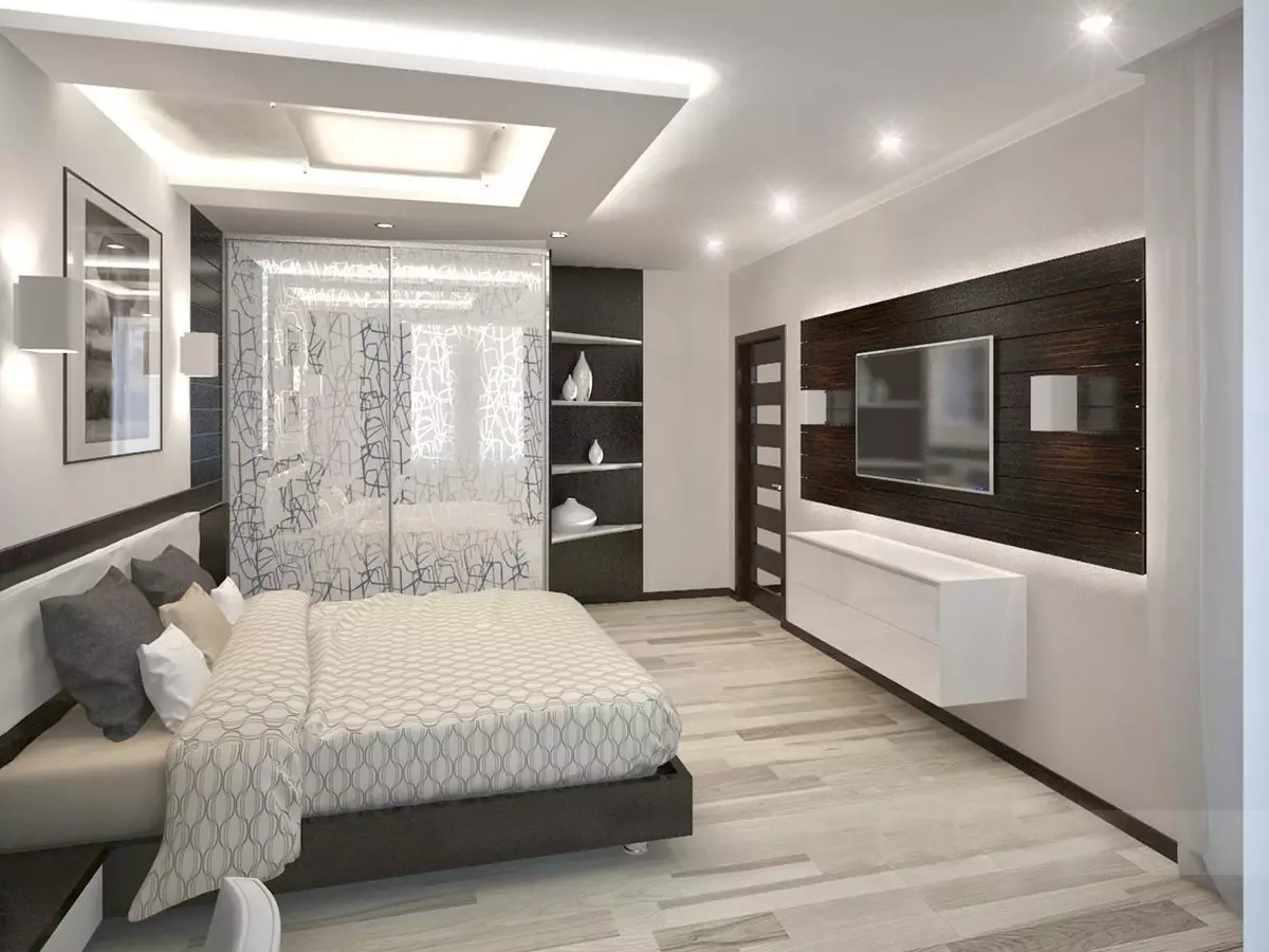 Спалня дизайн 14 квадратни метра. M (87 снимки): интериор и оформление на правоъгълна стая, дизайн на спалня дневна в модерен стил, аранжимент мебели и зониране на пространството 9875_25