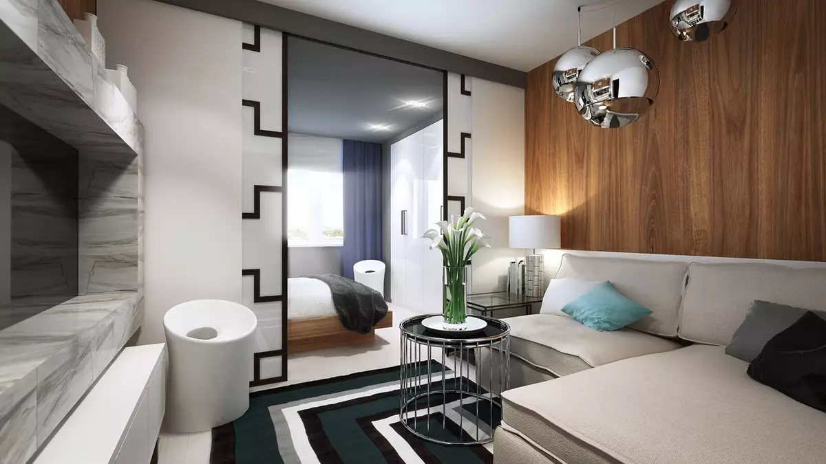 卧室设计14平方米。 M（87张）：内部和矩形的房间的布置，一间卧室客厅现代风格，家具布置的设计和空间分区 9875_31