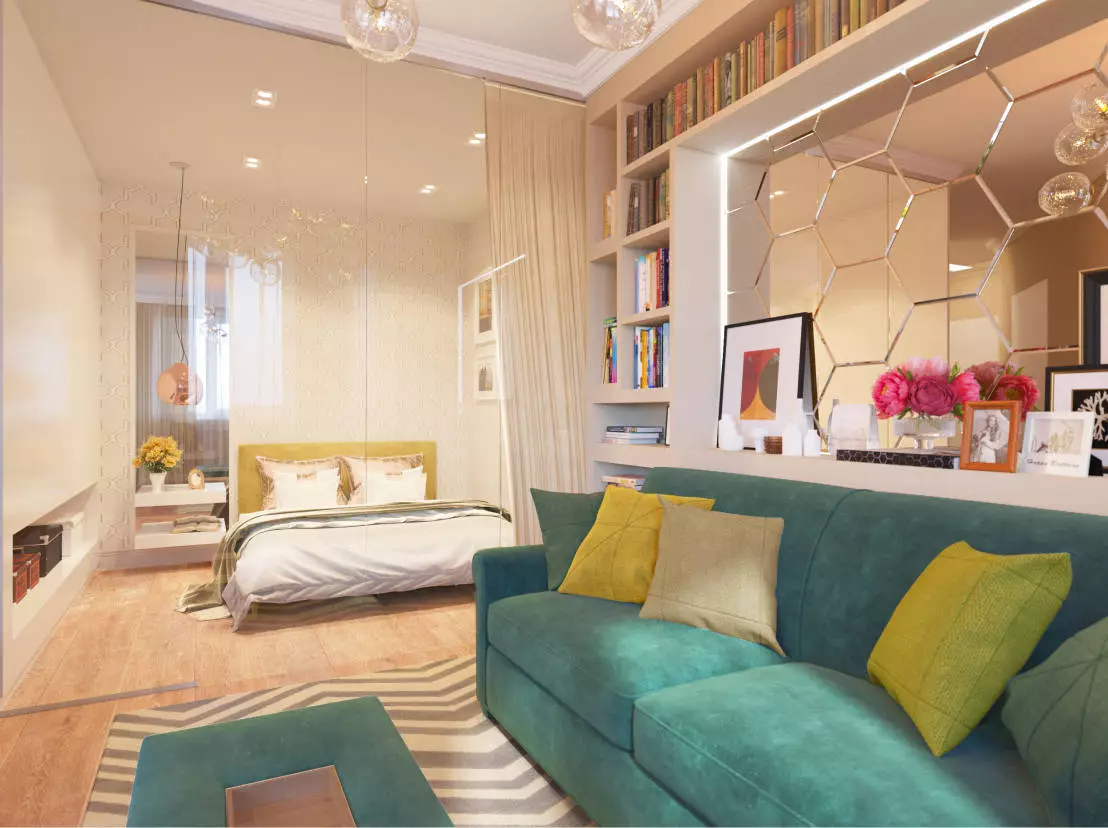 卧室设计14平方米。 M（87张）：内部和矩形的房间的布置，一间卧室客厅现代风格，家具布置的设计和空间分区 9875_32