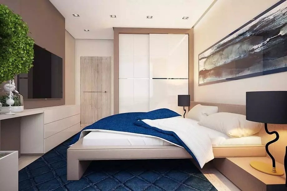 बेडरूम डिजाइन 14 वर्ग मीटर। एम (87 फोटो): एक आयताकार कमरे के आंतरिक और लेआउट, एक आधुनिक शैली में एक बेडरूम रहने वाले कमरे का एक डिजाइन, फर्नीचर व्यवस्था और अंतरिक्ष की ज़ोनिंग 9875_6
