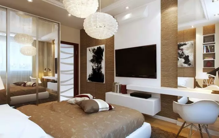 I-Bedroom Design 14 amamitha-skwele. M (87 izithombe): Ingaphakathi kanye nesakhiwo segumbi elingunxande, ukwakheka kwegumbi lokuhlala egumbini lokulala ngesitayela sanamuhla, ukuhlelwa kwefenisha kanye nokuqothuka kwesikhala 9875_83