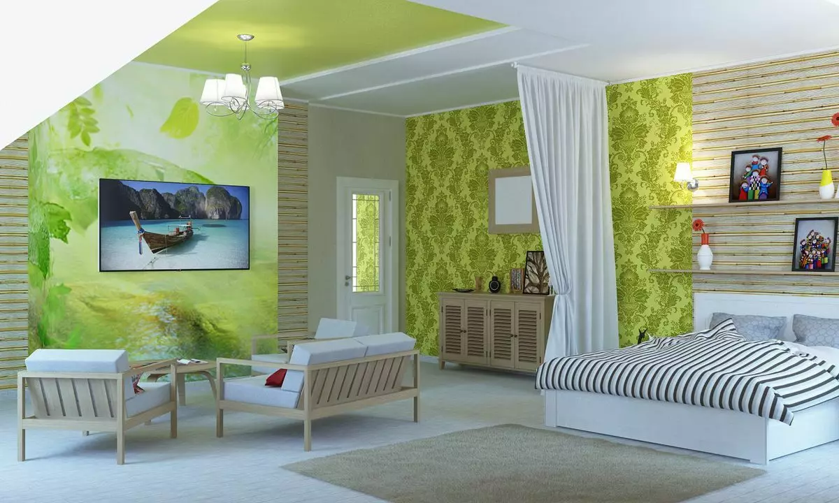綠色色調的臥室（79張照片）：室內設計的黑暗壁紙。什麼窗簾和床罩適合沙拉室？翡翠牆如何與白色和米色陰影結合？ 9876_12