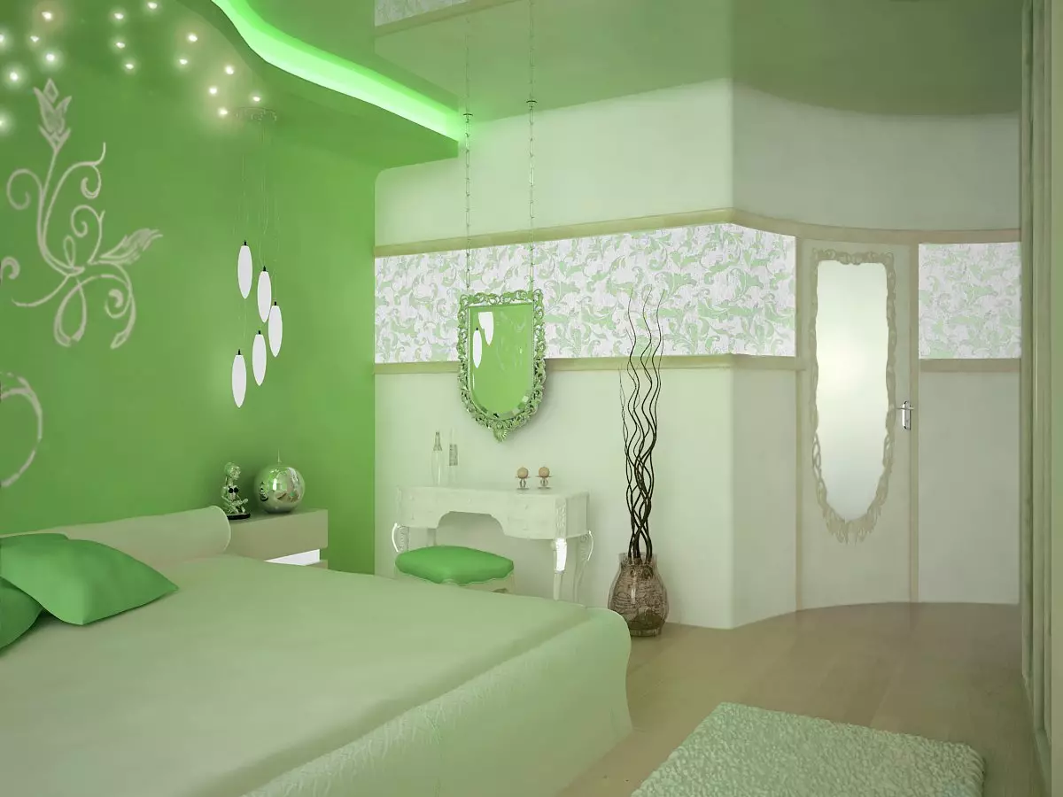 Soveværelse i grønne toner (79 billeder): Mørk tapet i indretning. Hvilke gardiner og sengetæpper er egnede til et salatrum? Hvordan er smaragdvægge kombineret med hvide og beige nuancer? 9876_13