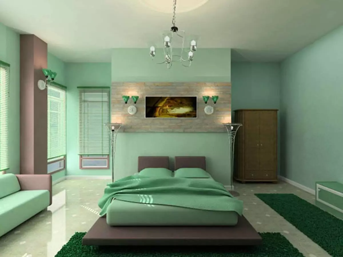 חדר שינה בצלילים ירוקים (79 תמונות): טפט כהה בעיצוב פנים. איזה וילונות ומיטה מתאימים לחדר סלט? איך הם קירות אמרלד בשילוב עם גוונים לבנים ובז '? 9876_19