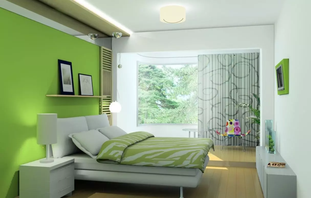 綠色色調的臥室（79張照片）：室內設計的黑暗壁紙。什麼窗簾和床罩適合沙拉室？翡翠牆如何與白色和米色陰影結合？ 9876_20