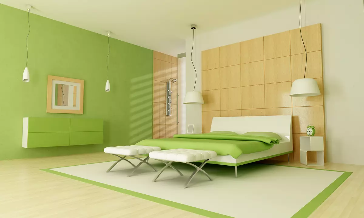 Spavaća soba u zelenim tonovima (79 slike): tamno pozadinu u dizajn interijera. Šta zavjese i pokrivači su pogodni za salatu sobu? Kako se smaragd zidovi u kombinaciji s bijelim i bež nijansama? 9876_26