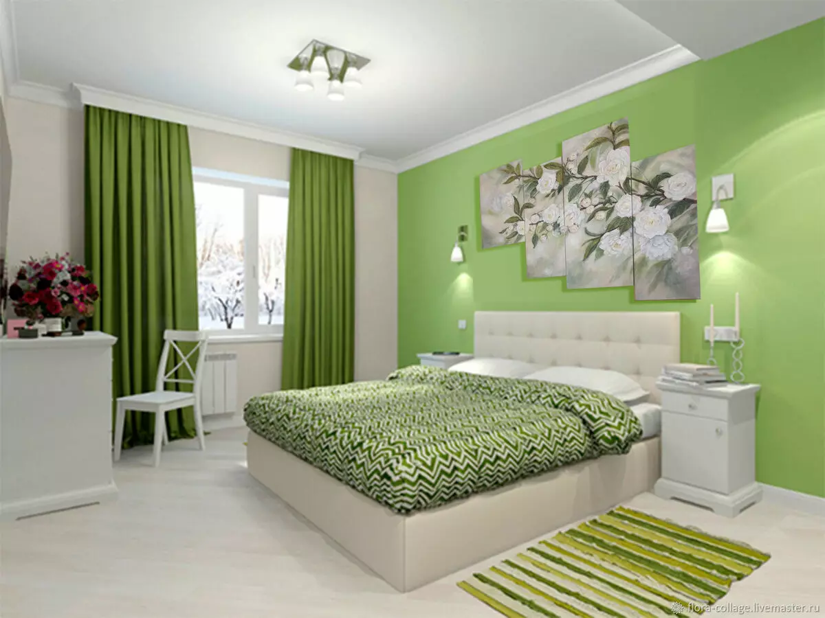 חדר שינה בצלילים ירוקים (79 תמונות): טפט כהה בעיצוב פנים. איזה וילונות ומיטה מתאימים לחדר סלט? איך הם קירות אמרלד בשילוב עם גוונים לבנים ובז '? 9876_27
