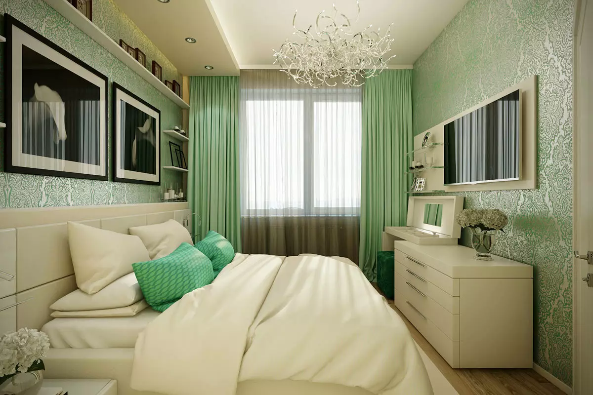 Soverom i grønne toner (79 bilder): mørkt tapet i interiørdesign. Hvilke gardiner og sengetepper passer for et salatrom? Hvordan er smaragdvegger kombinert med hvite og beige nyanser? 9876_29