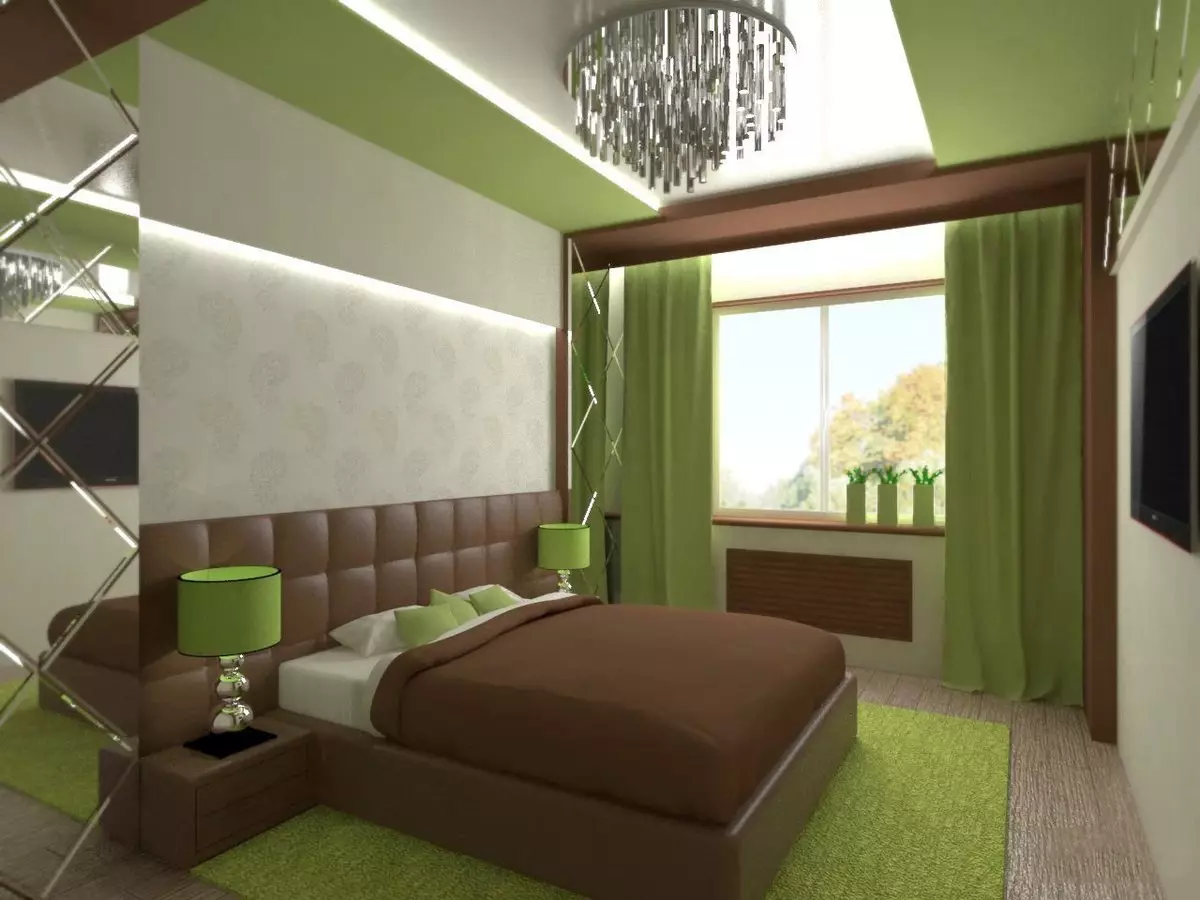 綠色色調的臥室（79張照片）：室內設計的黑暗壁紙。什麼窗簾和床罩適合沙拉室？翡翠牆如何與白色和米色陰影結合？ 9876_30